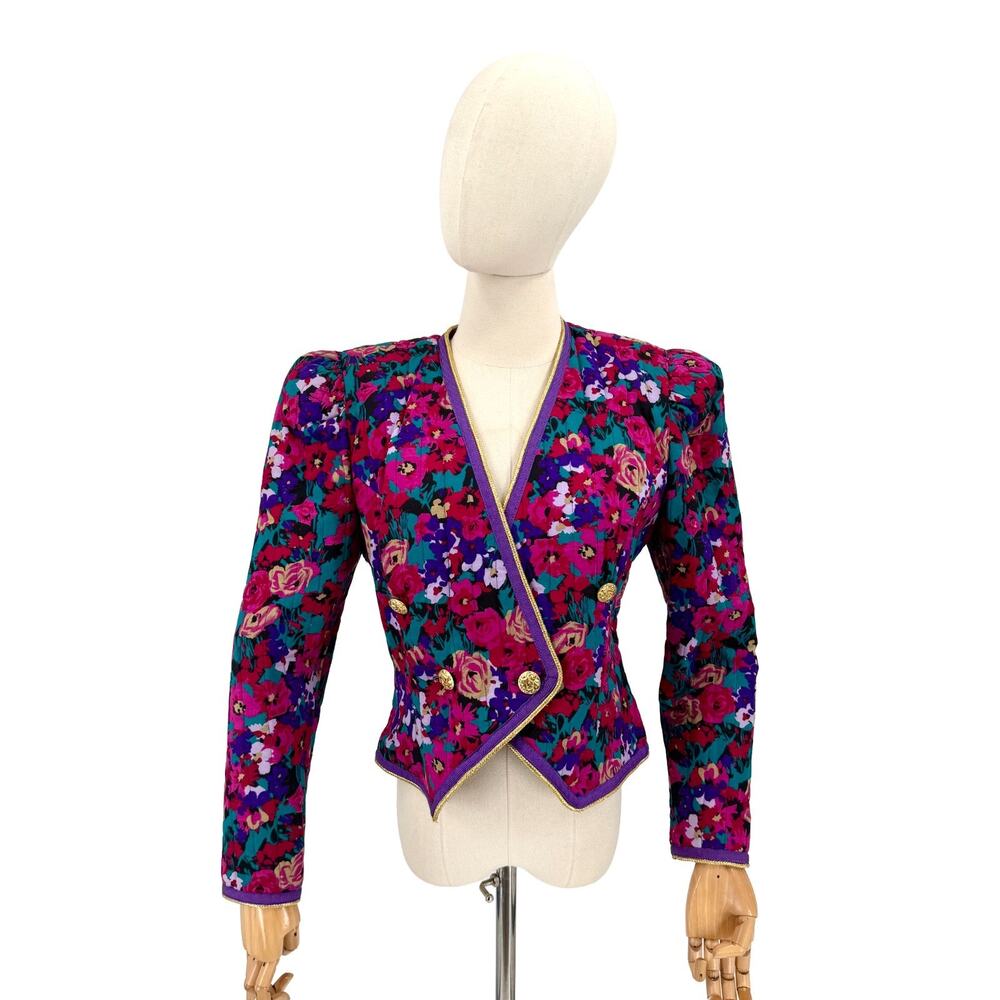 Vintage 80s Pink Purple Floral Quilted Gold Trim Blazer